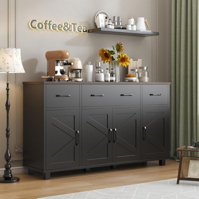 Buffet 55,1 po avec rangement, armoire à café avec 3 tiroirs et 4 portes de grange, tablettes réglables