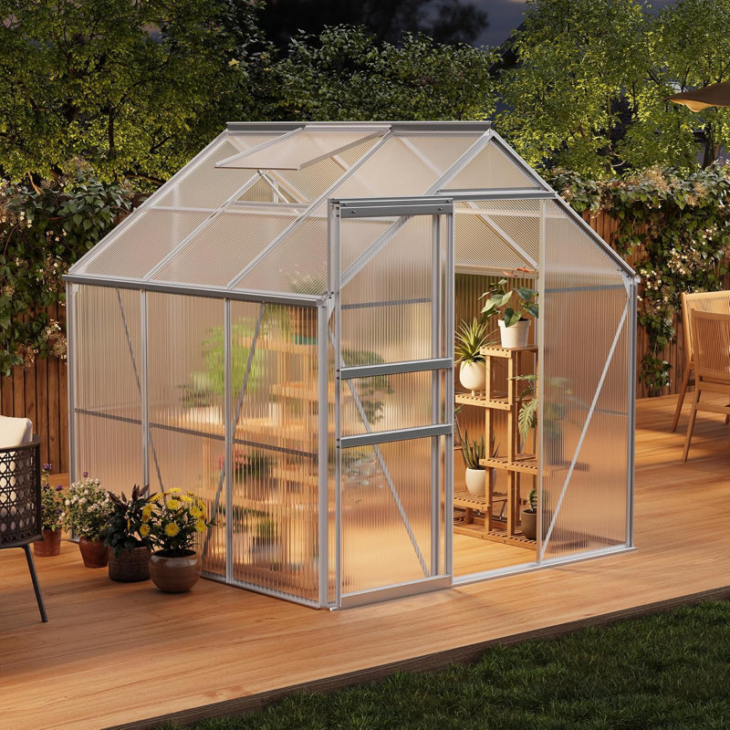 6x6 FT Walk-in Polycarbonate Greenhouse, Aluminum Frame, Sliding Door, Roof Vent, Outdoor Garden Shed, Silver