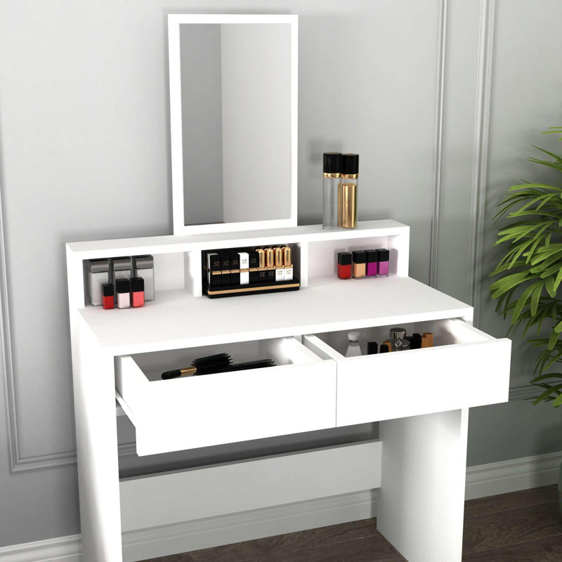 Modern Make-Up Table with Mirror, White Finish, 31.5 x 33.9 x 15.7 inches | 100% Melamine Coated Particle Board, Thickness: 0.7 inches | Wall-Mountable Design, Elegant & Functional for Beauty Spaces