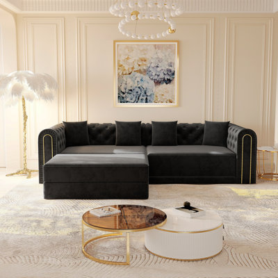 90.6" 3-In-1 Convertible Sleeper Sofa,Elegant Modern Couch With Button Tufted And Gold Edge Trim,3-Seater Couch With Movable Ottoman For Living Room,Apartment,Office,Bedroom,Black
