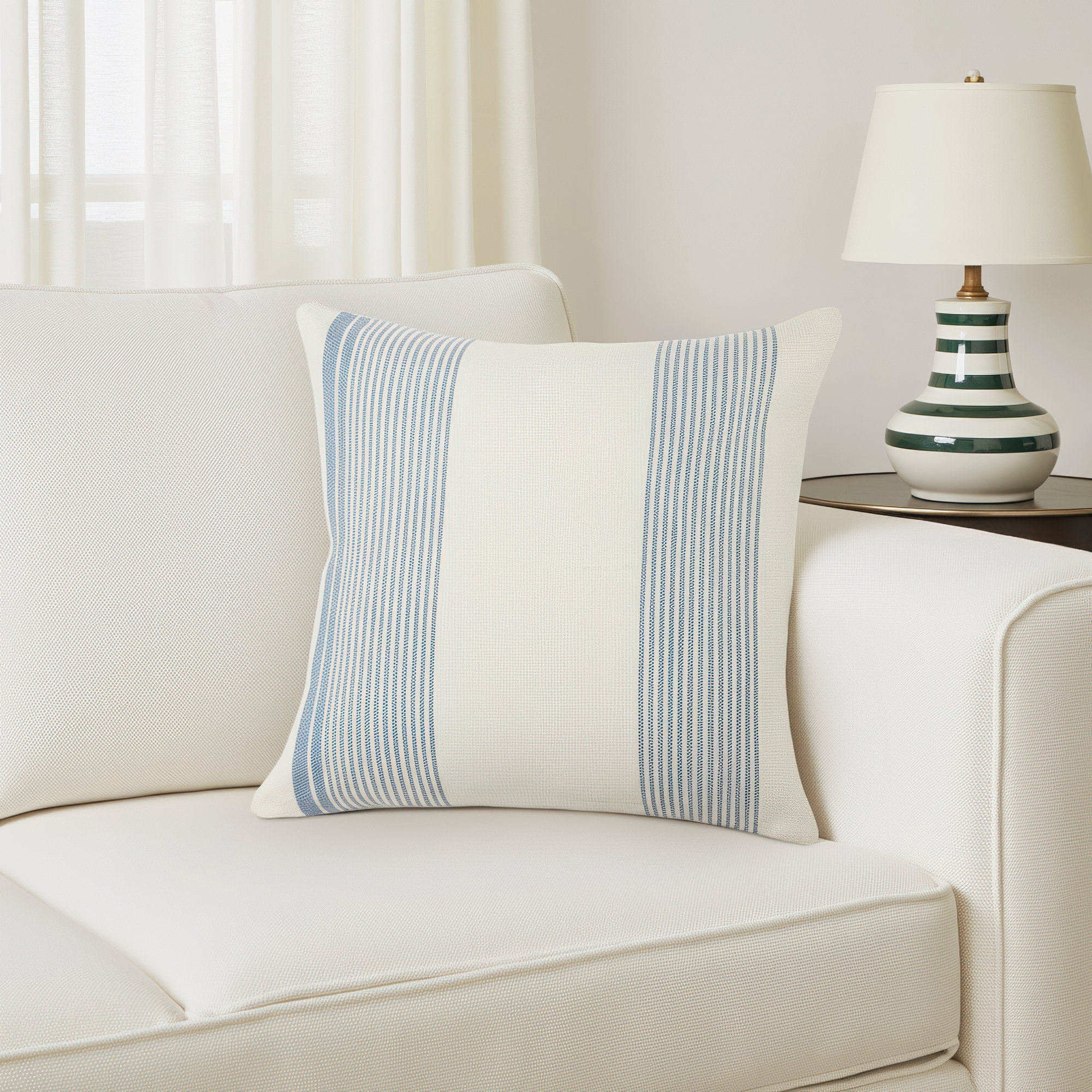 Sambuca Striped PET Yarn Indoor/Outdoor Throw Pillow, Polyfill, Blue/Ivory