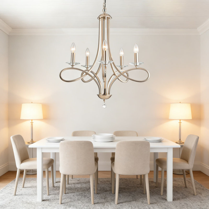 5-Light Farmhouse Chandelier With Scroll Arms, Brushed Nickel Finish Industrial Ceiling Light Fixture For Dining Room, Kitchen, Or Living Area