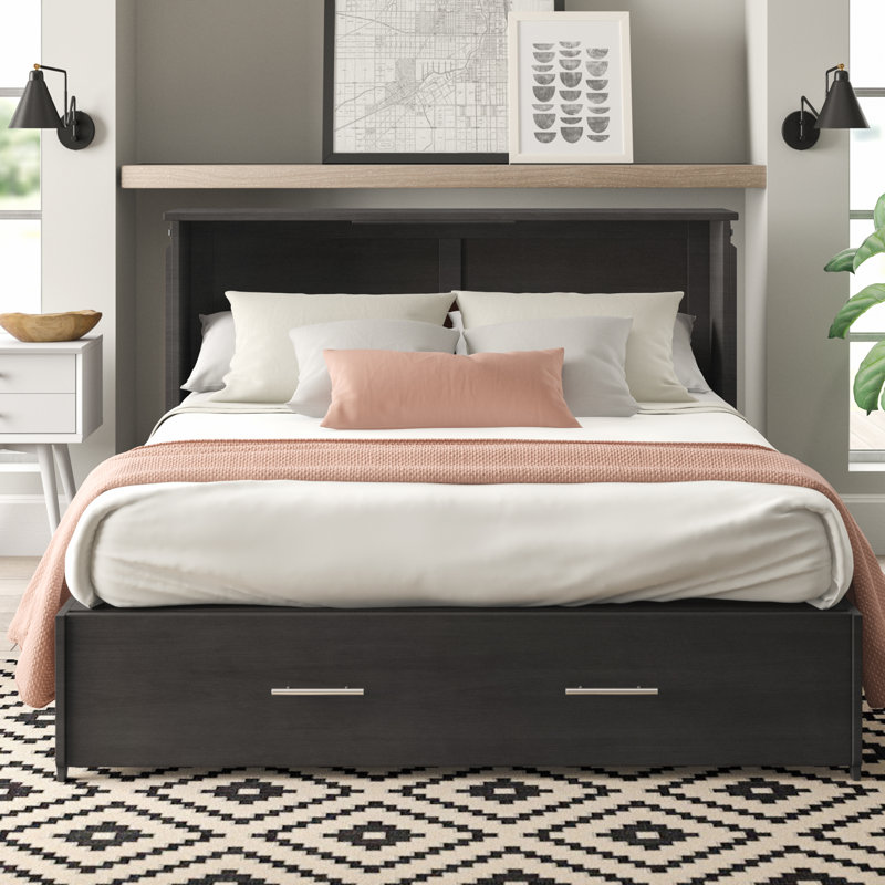 Grand lit escamotable avec armoire et rangement, Gris dévalé