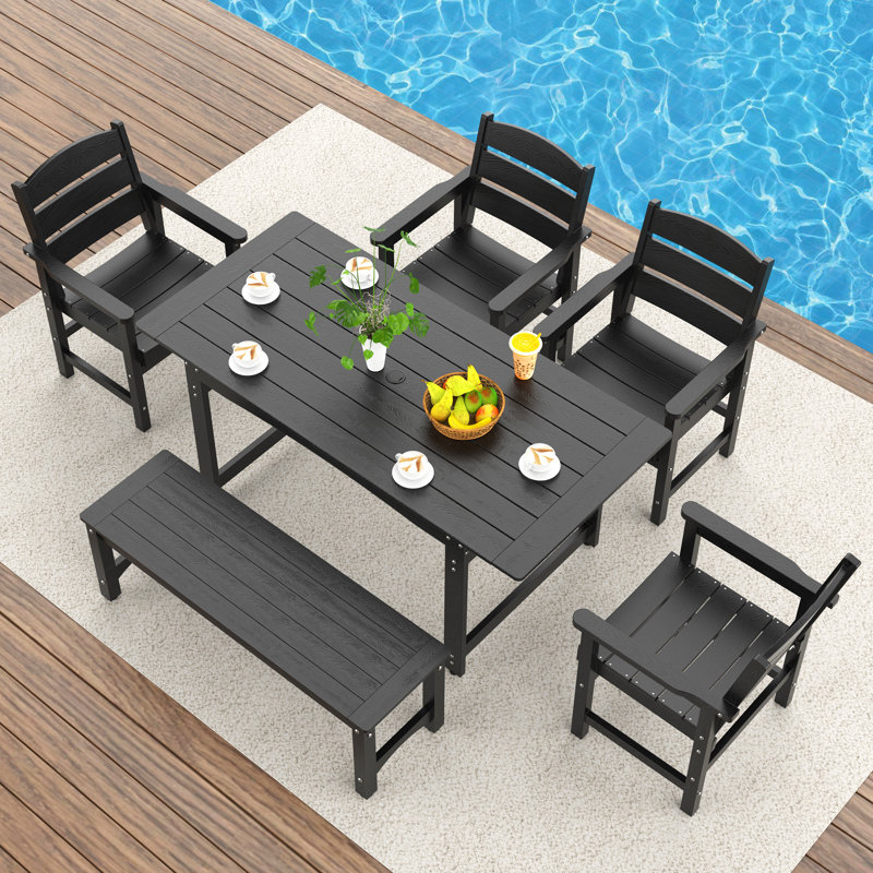 Outdoor HDPE Patio Dining Set for 6, Weather-Resistant Patio Table and Chairs with Bench, with Umbrella Hole, Black