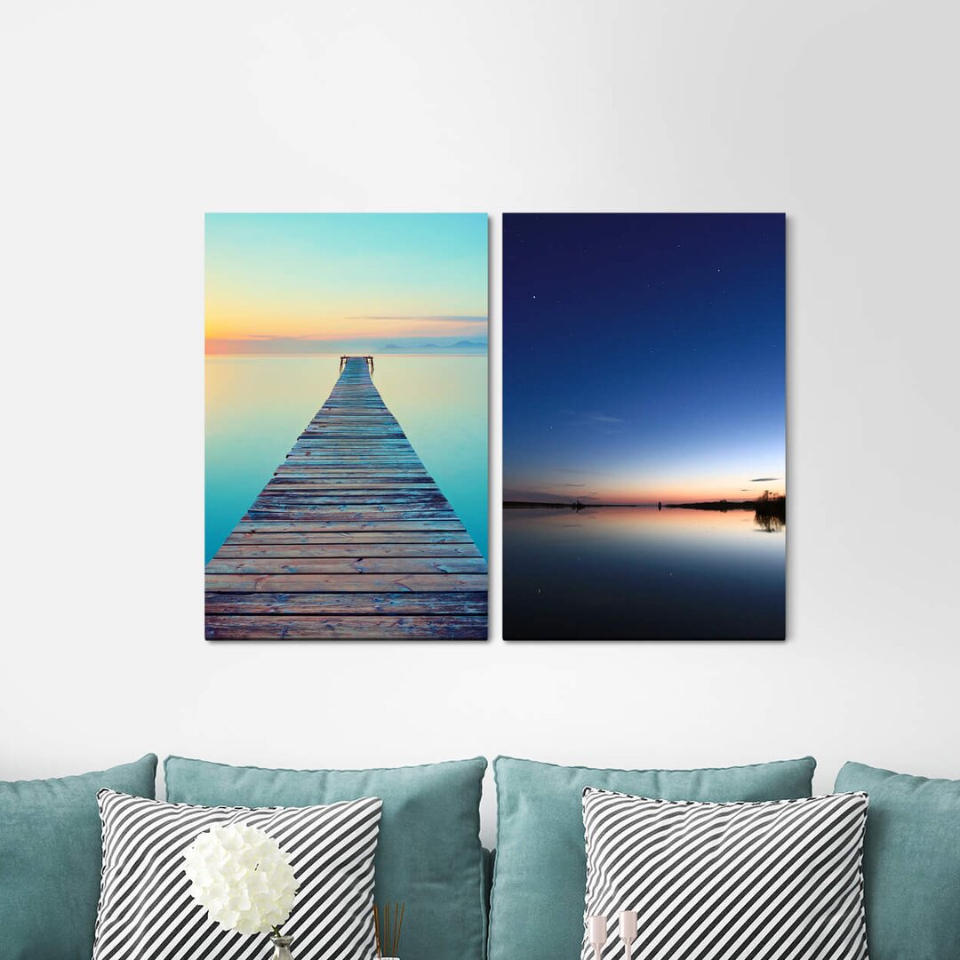 2-tlg. Leinwandbilder-Set - Fotografie „Jetty Summer Sea Horizon Evening Red Sunrise Calming”