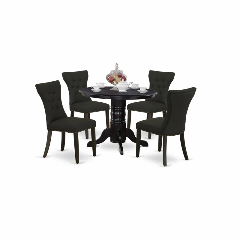 5 Piece Dinette Set for 4 Includes a Round Kitchen Table with Pedestal and 4 Black Linen Fabric Upholstered Parson Chairs, Black
