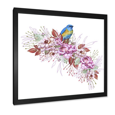 Petit oiseau bleu assis sur une branche de fleurs - peinture sur toile
