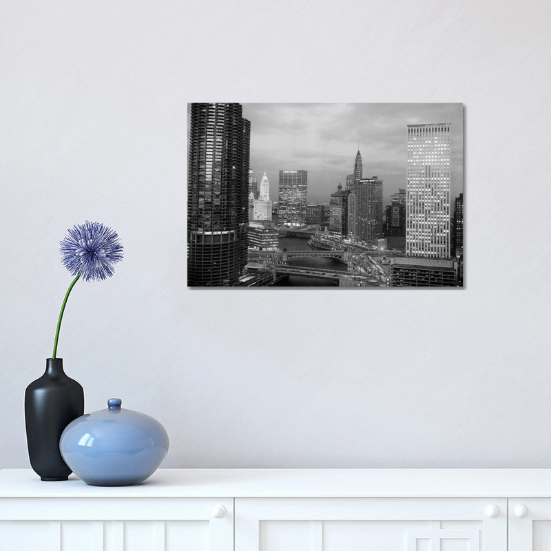 1960s Chicago River Bridges and Downtown Skyline at Dusk Chicago Il USA 1 Piece Wrapped Canvas Wall Art