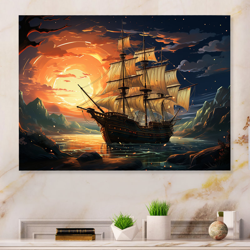 Bateau pirate au milieu de Legacy II - dessin d'art mural en métal, H 16 po x l 32 po x P 1 po