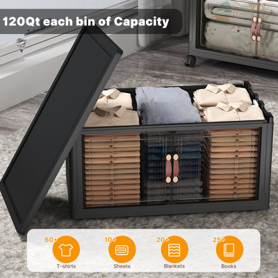 Extra Large Stackable Storage Bins with Lids & Wheels & Door, Foldable Collapsible Closet Organizers, Plastic containers drawers for bedroom Dorm