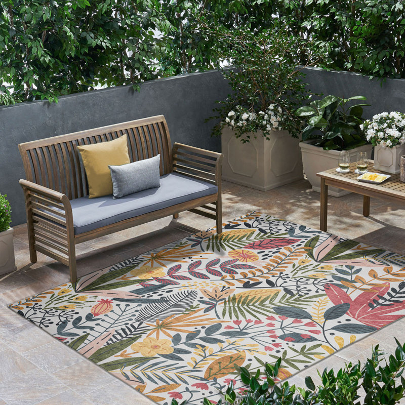  Floral Colorful Design Outdoor Rug Pink/Green/Ivory Multi, Rectangle 5' x 7'