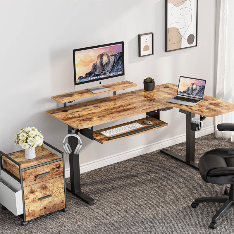 Marquasha Dual Motor L-Shaped Electric Standing Desk with LED and Monitor Stand, Right Hand Return, Rustic Brown/Black