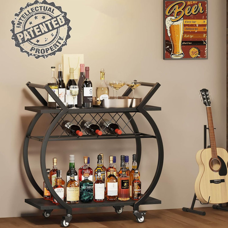 Roue avec chariot à vin noir, chariot de bar moderne avec porte-bouteilles, chariot de service de cuisine à tambour avec espace de rangement