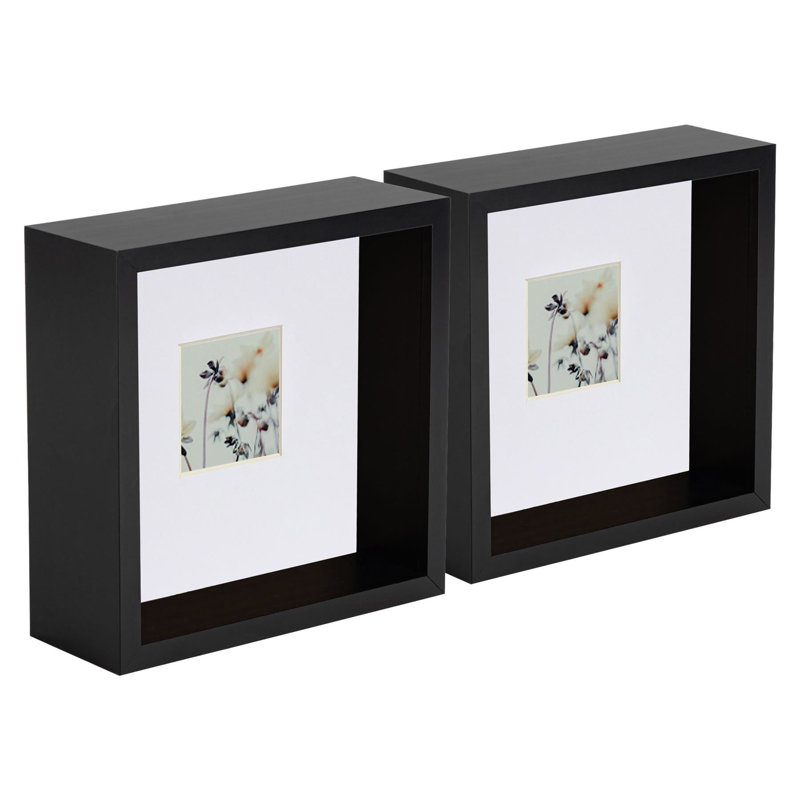Bevelled Shadow Box Picture Frame with Mat, 16.5cm H x 16.5cm W x 6cm D, Black/White