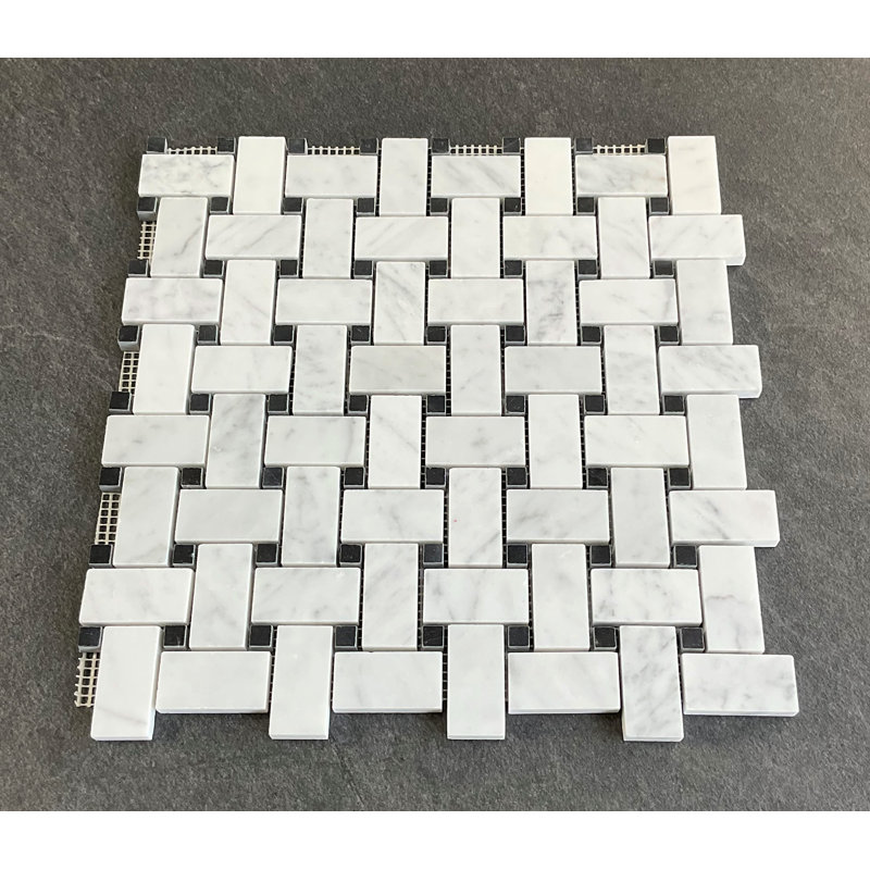 1" x 2" Marble Basketweave Mosaic Wall & Floor Tile, White Carrara / Black