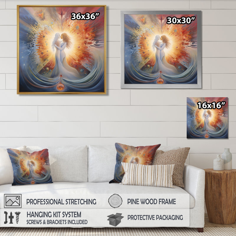 Divine amour céleste Union flammes jumelles - déesse femme, art mural, Toile avec cadre flottant noir