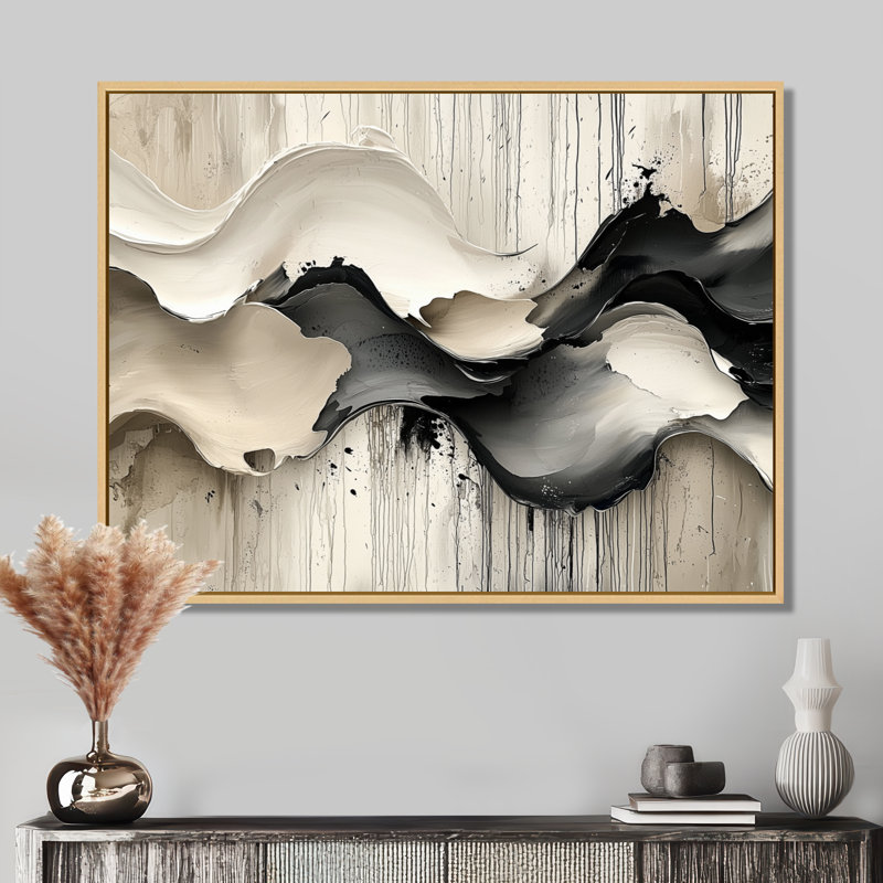 Gris sur fond blanc l'encre rythmique de la rivière Ink II - vagues modernes abstraites, H 12 po x l 20 po