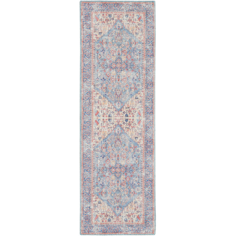 Machine Washable Oriental Blue/Red Area Rug, Runner 2' x 6'