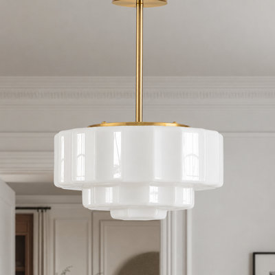 Lustre 3 lumières en laiton avec luminaire suspendu en verre plissé blanc .9 13,9 pouces