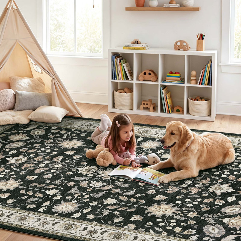 Tapis floral rétro vieilli, Dark grey, 9 x 12 pi