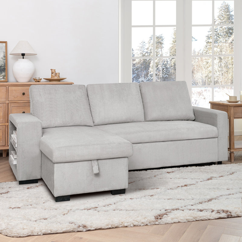 Modern Sleeper Sofa With Pull Out Bed & Storage Chaise, Gray Corduroy