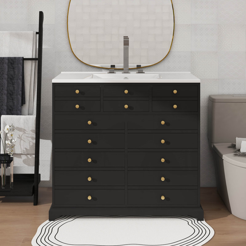 Meuble-lavabo 36 po avec lavabo en céramique et meuble de rangement en bois robuste, Noir