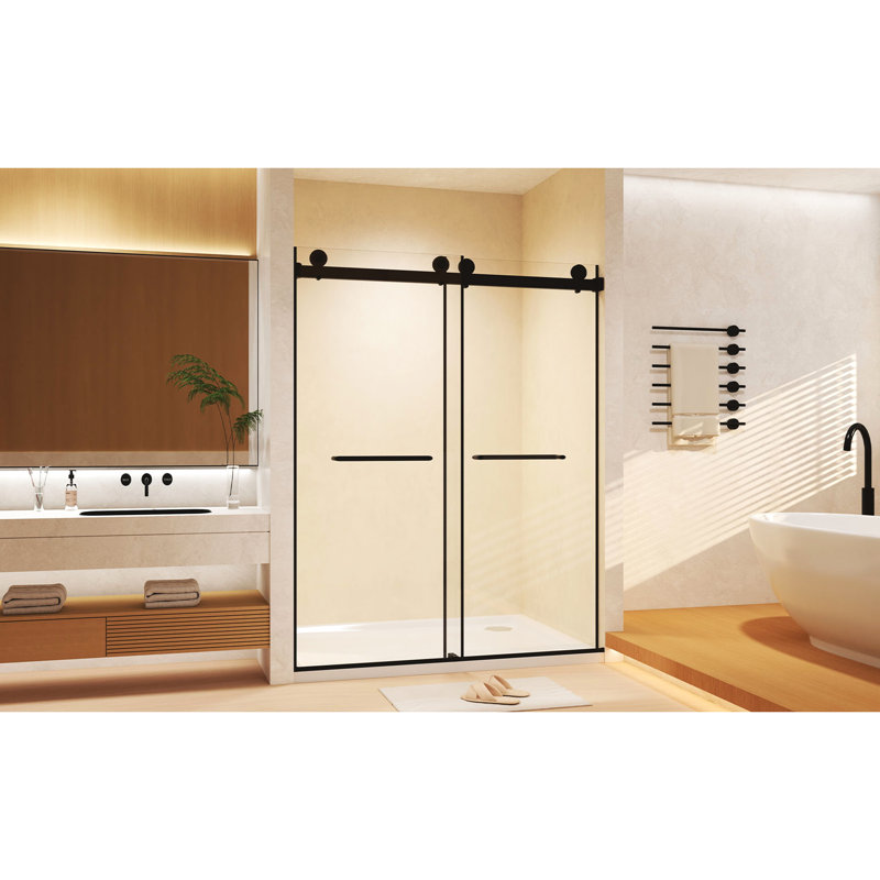 Double Sliding 56 - 60 "W X 74" H Shower Door, 8Mm Tempered Glass, Matte Black, Stainless Steel Components, External Proof Film, Space Saving Design, Silent Operation, Raised Water Barrier In