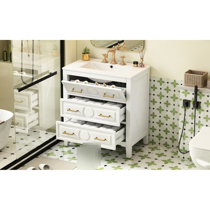 Meuble-lavabo blanc de style rétro de 30 po Wyoming, avec charnières réglables à fermeture douce, panneau et lavabo en céramique avec cadre en bois massif, poignée en métal doré, tiroirs de rangement spacieux