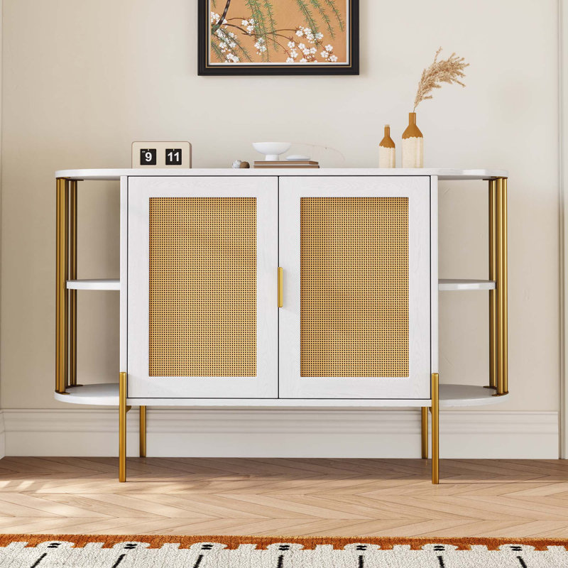 2-Door Elegant Curved Dining Cabinet with Gold Trim and Woven Rattan Doors for Dining Room, White