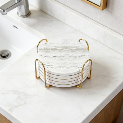Ensemble de sous-verres en céramique avec support en métal, 6 sous-verres en marbre pour boissons chaudes et froides, envers en liège antidérapant, protection de table pour la maison et le bureau