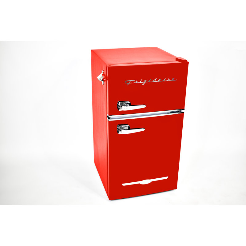 FRIGIDAIRE Retro 2-Door Compact Fridge Freezer Combo, 3.1 Cu. Ft., Stainless Steel, Built-in Bottle Opener, Red