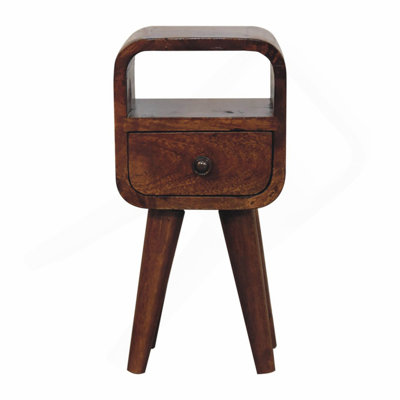 Mini table de chevet courbée en bois massif, 1 tiroir, 1 fente ouverte, châtaignier, brun