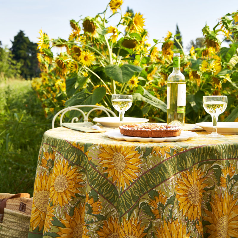 Sunflower Handmade Floral Tablecloth, Yellow/Green, 90" x 90"