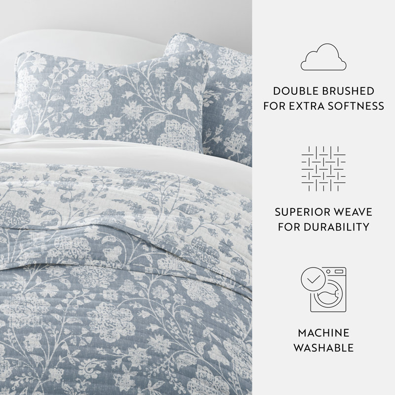 Light Blue Twin Reversible Microfiber Quilt Set with Floral Pattern