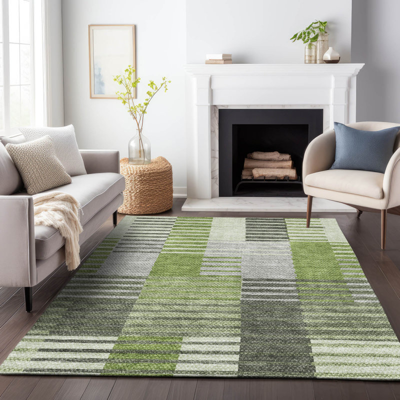 Premium Machine Washable Prisco Green Rug, Rectangle 8' x 10'