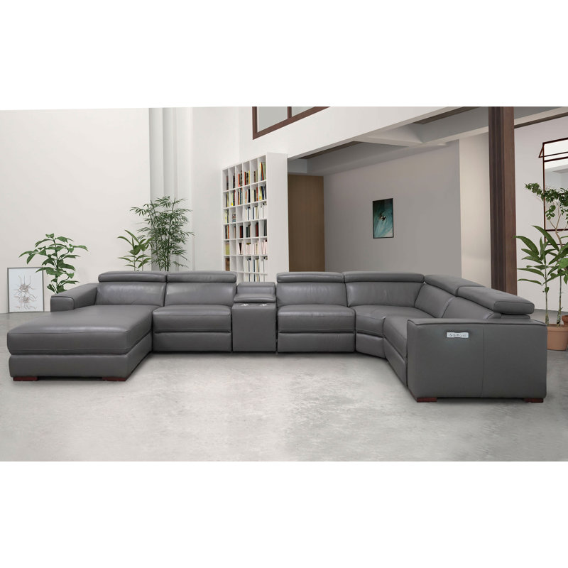 Canapé modulaire inclinable en cuir avec méridienne Lilliet, Cuir véritable gris foncé, Orienté vers la droite
