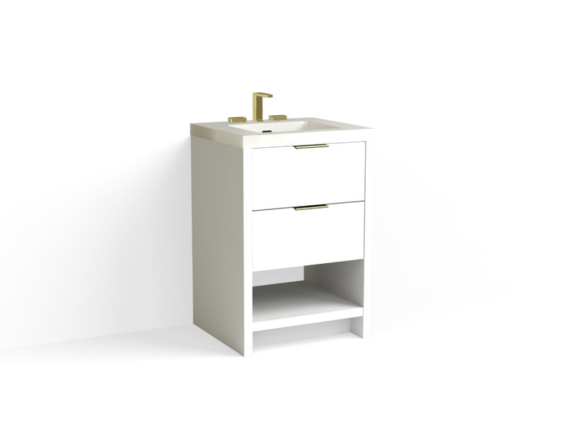 Vue 24" W Freestanding Single Bathroom Vanity, Matte White/8" Widespread, White Nanomatte, Satin Brass