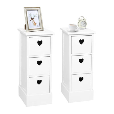 Yanchep 3 Drawer Bedside Table Set Of 2, White Storage Cabinet With 3 Heart-Shaped Drawers Side Table  25X30X64Cm