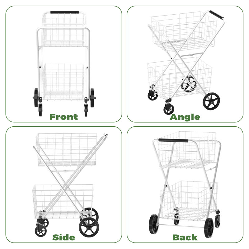 Chariot de course extra large, chariot à 2 niveaux sur roulettes, chariot utilitaire pliable avec double panier et roulettes pivotantes à 360° pour les courses et le linge, blanc