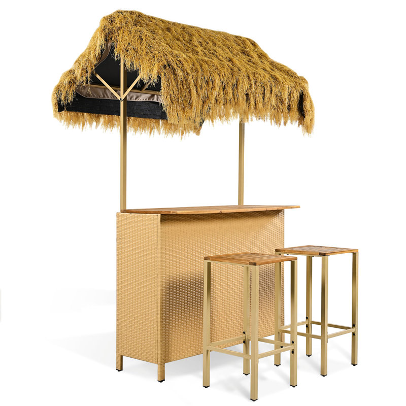Hawaiian-Style Bar For Outdoors With Storage, Pe Grass Canopy, Wood Material, Adjustable Feet Outdoor Hawaiian Flavor And Integrated, Convenience Functional Storage