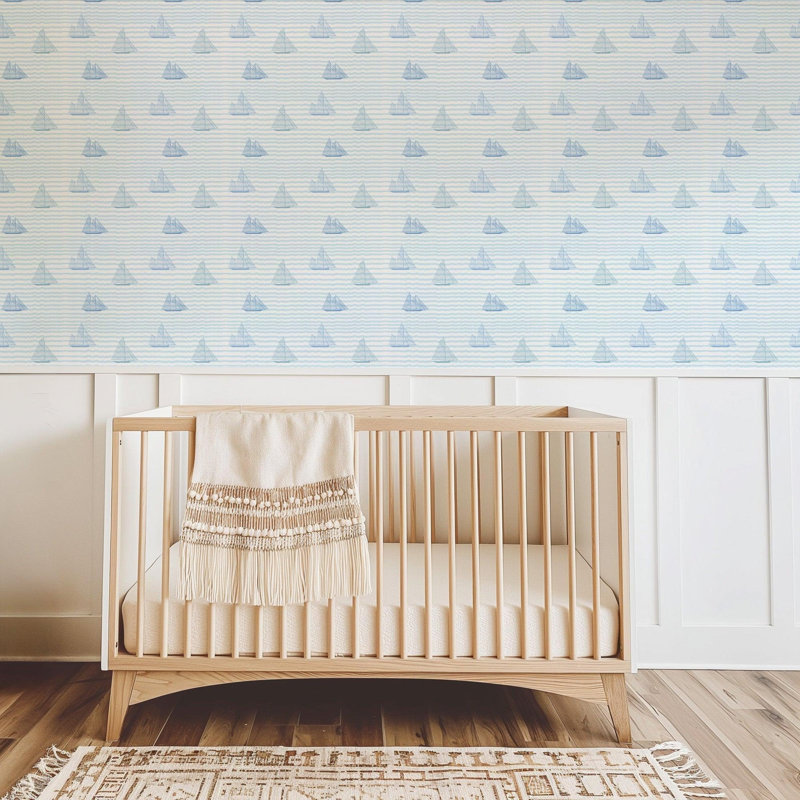 Kids Sailboats 10' L x 24" W Peel and Stick Wallpaper Tile, Blue, Faux Grasscloth, Non-pasted