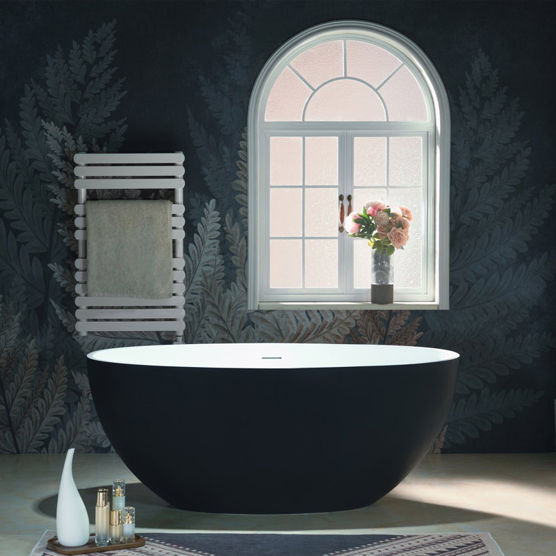 Baignoire autoportante en résine de 55 po avec trop-plein et drain escamotable, Noir mat / blanc mat