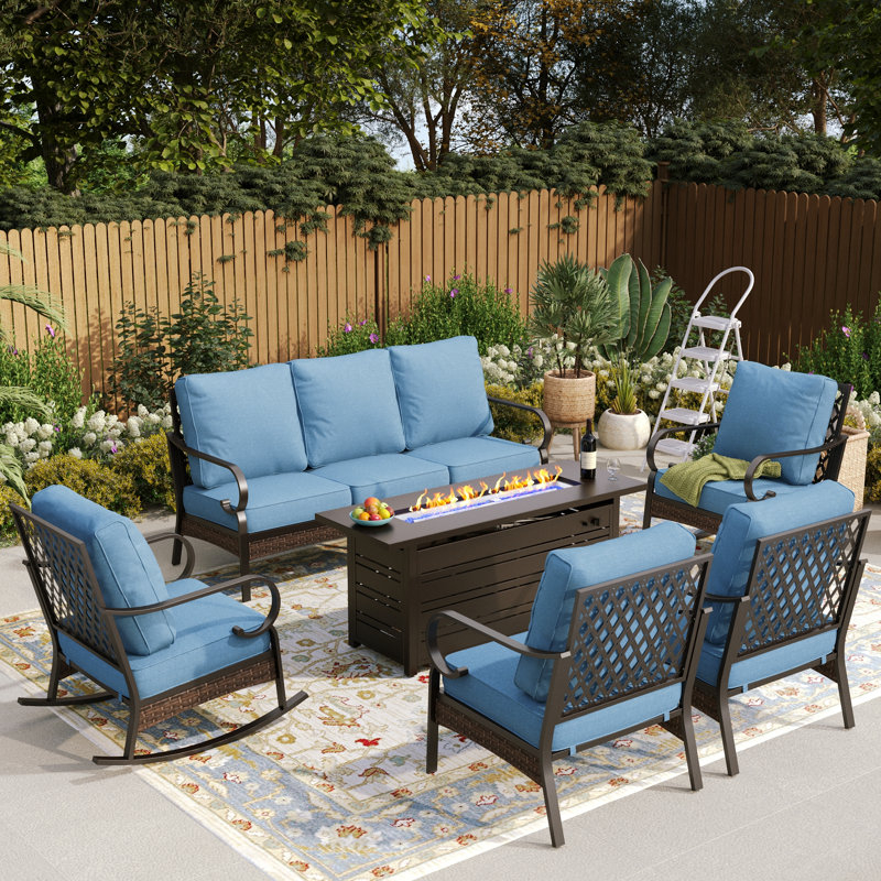 Ensemble de conversation d'extérieur pour 7 personnes avec 2 chaises longues berçantes et foyer, Noir / bleu denim / noir