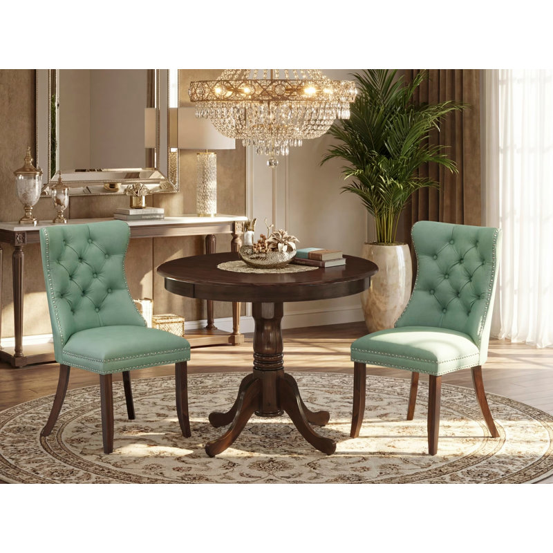 3 Piece Kitchen Table Set Includes a Round Dining Table with Pedestal and 2 Upholstered Chairs, Antique Walnut, Green/Brown