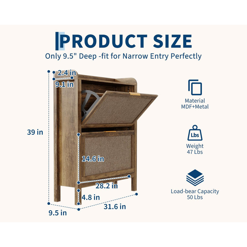 Farmhouse Rattan Shoe Cabinet 32" – Narrow Entryway Organizer with 2 Flip-Down Drawers, Adjustable Shelves, Brown