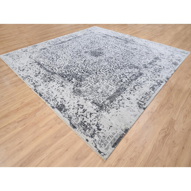 Tapis carré noué à la main 12 pi x 12 pi gris argenté en laine et soie pure 12 pi x 12 pi Sh63467
