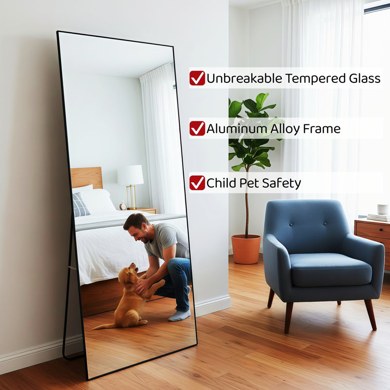  Full Length Mirror 56"x21" Black Rectangle Floor Mirror with Stand, Aluminum Alloy Frame Tempered Glass Full Body Mirror, Wall Mountable Standing for Bedroom Bathroom Living Room Entryway