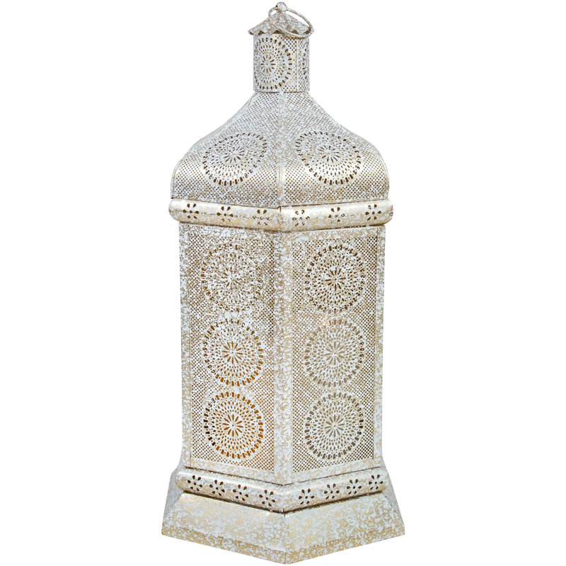 21.5" Moroccan Style Pillar Candle Table Lantern, Distressed White/Gold