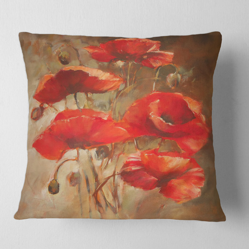 Red Blossoming Poppies VI - Coussin traditionnel imprimé, 18" x 18"
