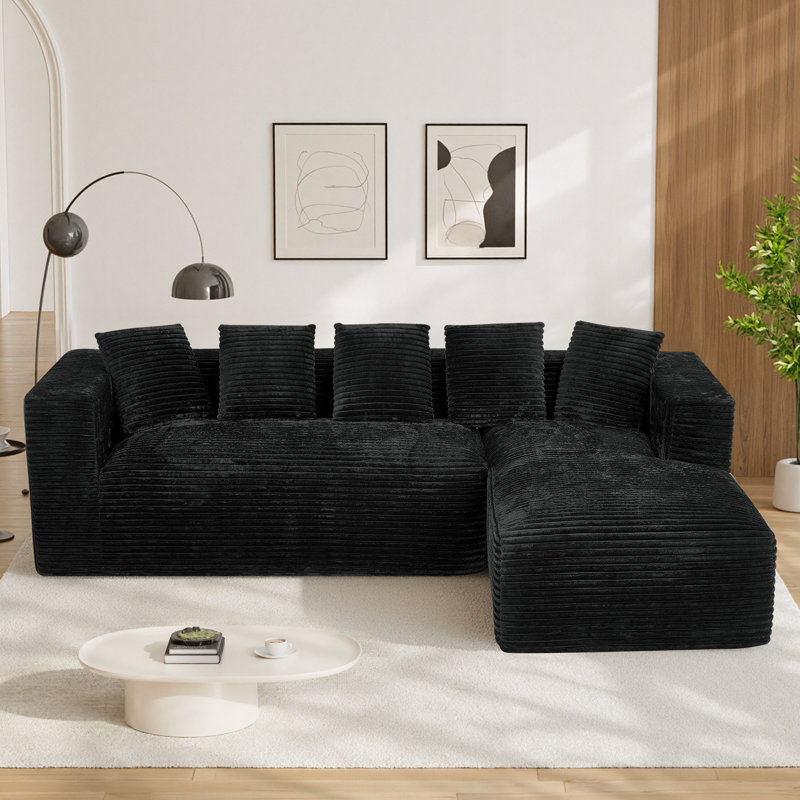 Canapé d'angle surdimensionné sans ossature et à compression de 104 pouces avec coussins, Velours côtelé noir, Forme en L
